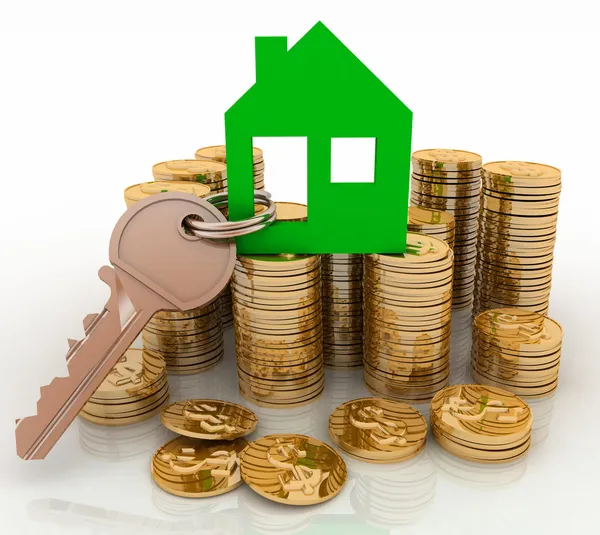 Símbolo da casa 3d com chave na pilha de moedas de ouro. Concepção do crescimento do crédito hipotecário — Fotografia de Stock
