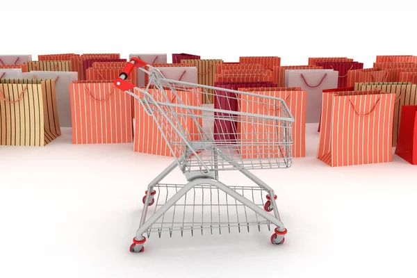 3d render shopping cart and shopping bags — Stock Photo, Image