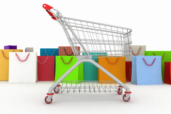 3d render carrito de compras y bolsas de compras — Foto de Stock