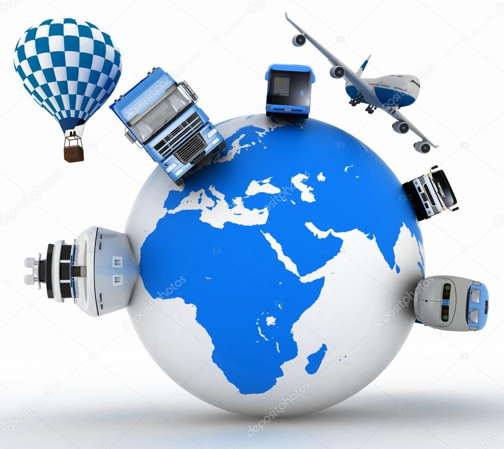 Types of transport on a globe. Concept of international tourism