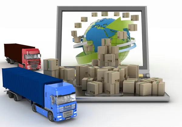 Cardboard boxes around the globe on a laptop screen and two trucks — Stock Photo, Image