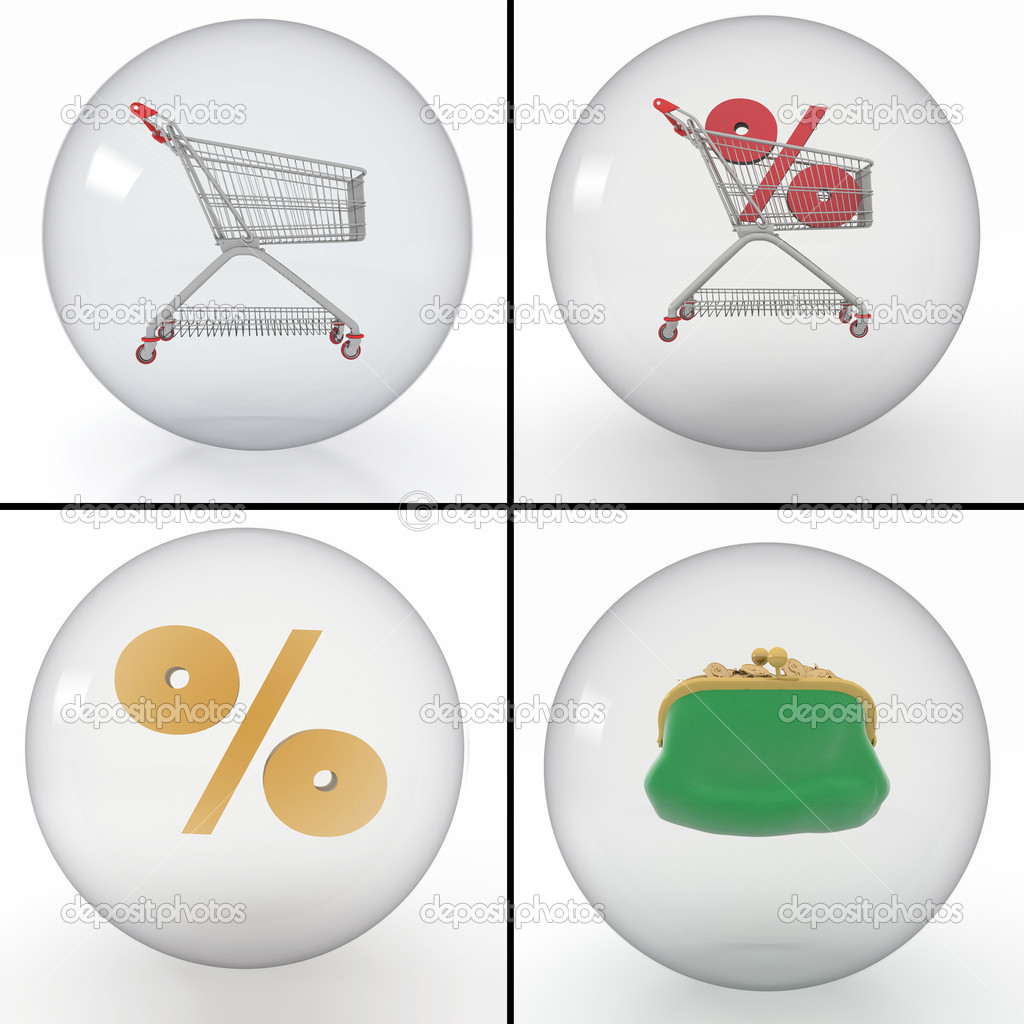 set of different objects for shopping for discounts at the store in transparent balls