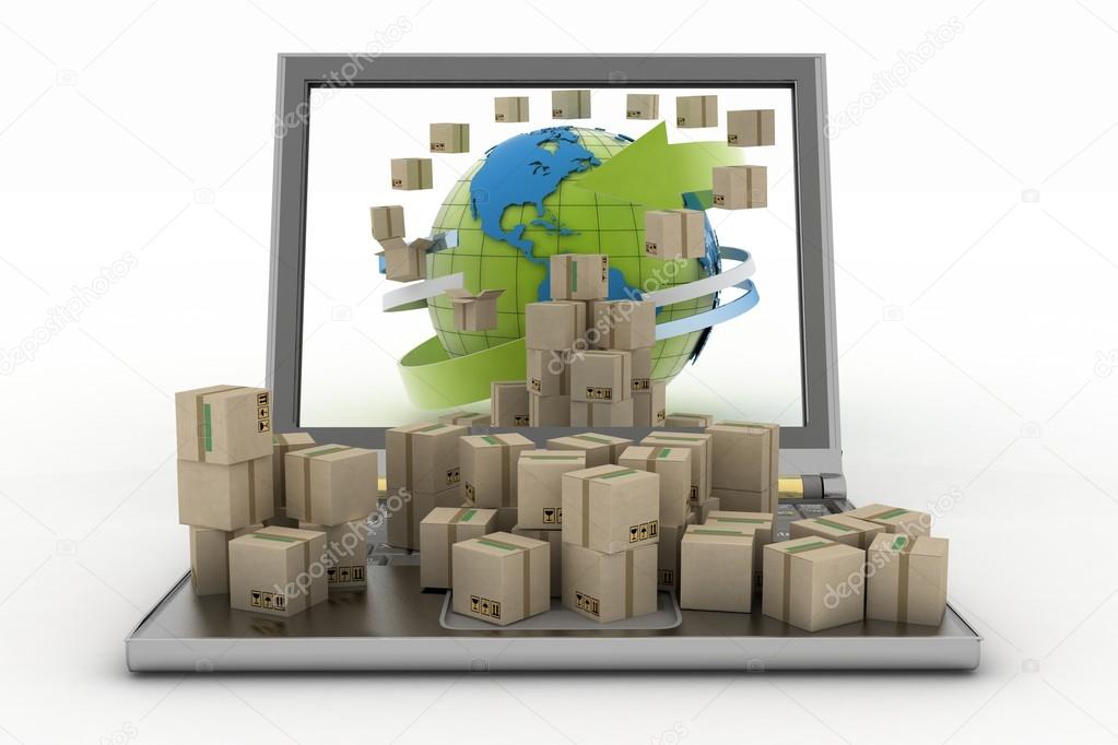 Cardboard boxes around the globe on a laptop screen