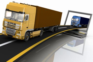 kamyon karayolunda bir laptop dışarı geliyor. Lojistik, teslimat ve navlun motorlu taşıtlar tarafından taşınması kavramı