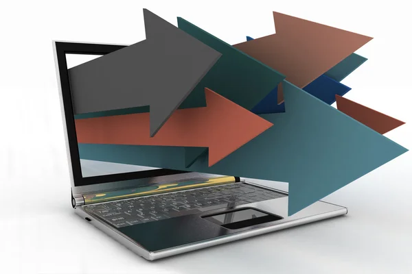3d illustration of arrows coming out of laptop on isolated background — Stock Photo, Image