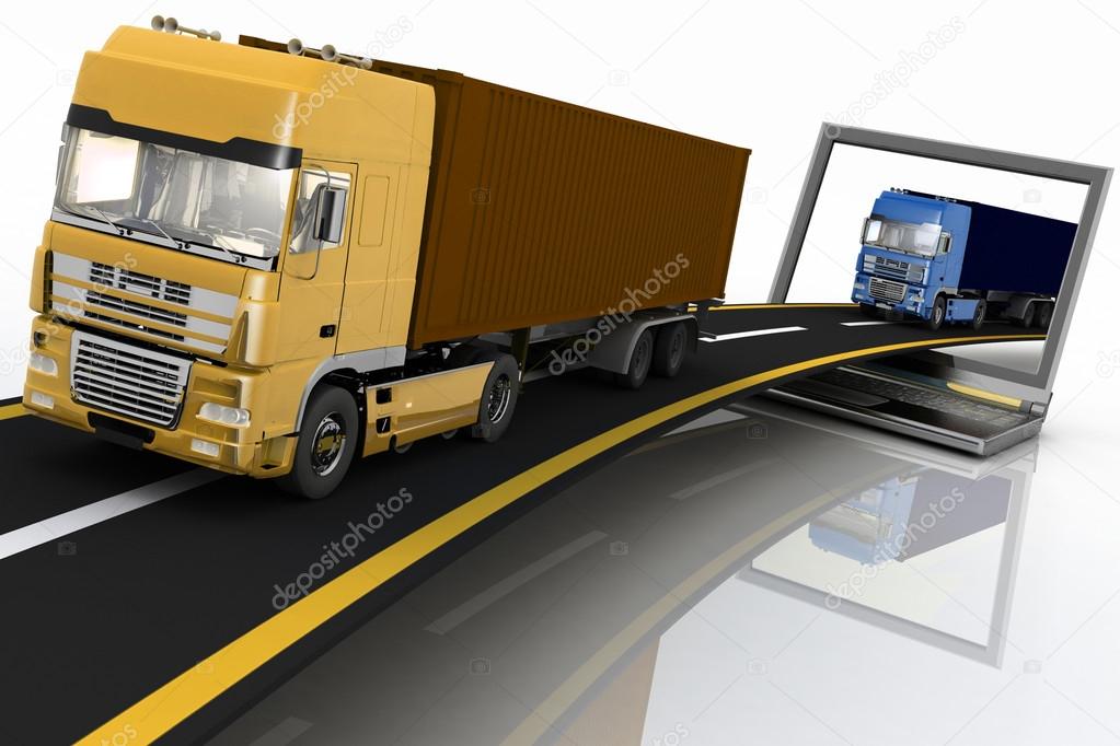 Trucks on freeway coming out of a laptop. Concept of logistics, delivery and transporting by freight motor transport