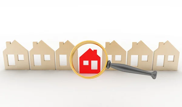 Magnifying glass selects or inspects a home in a row of houses — Stock Photo, Image