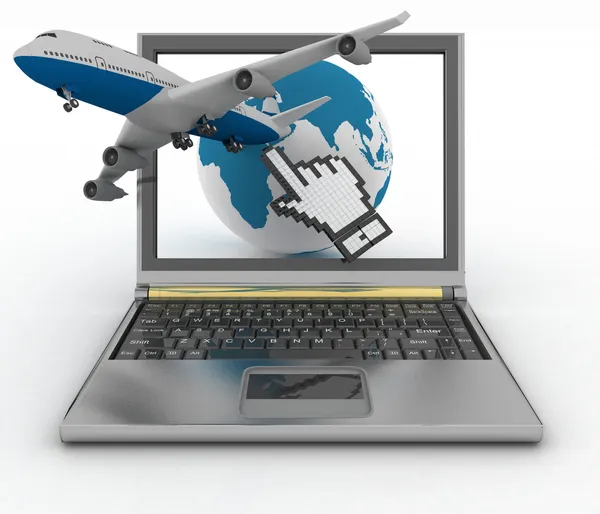 Cursor de mão, globo terrestre e avião de passageiros decolando da tela do laptop — Fotografia de Stock