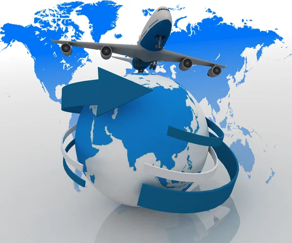 3d passenger jet airplane travels around the world — Stock Photo, Image