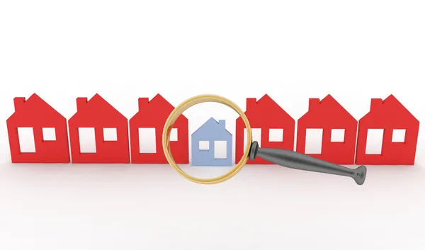Lupe sucht oder inspiziert ein Haus in einer Häuserzeile — Stockfoto