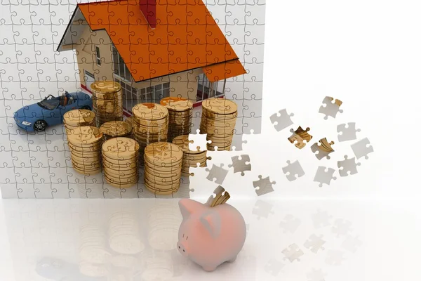 家、マシン、お金、パズルと piggi - に描かれた銀行 — ストック写真