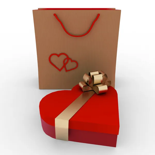 Scatola a forma di cuore con fiocco d'oro e borsa per un regalo — Foto Stock