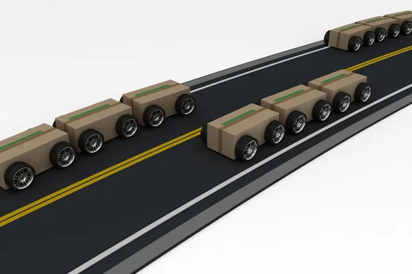 Kartonnen dozen met auto wielen. concept van logistiek-, leverings- en verzendkosten — Stockfoto
