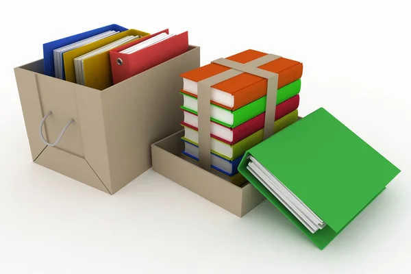 Pastas de escritório e livros em caixa de papelão — Fotografia de Stock