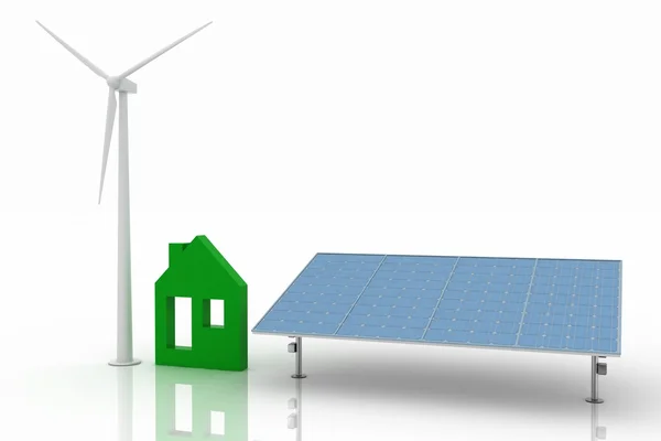Экологический дом с ветряной турбиной и солнечной панелью, экологически чистый — стоковое фото