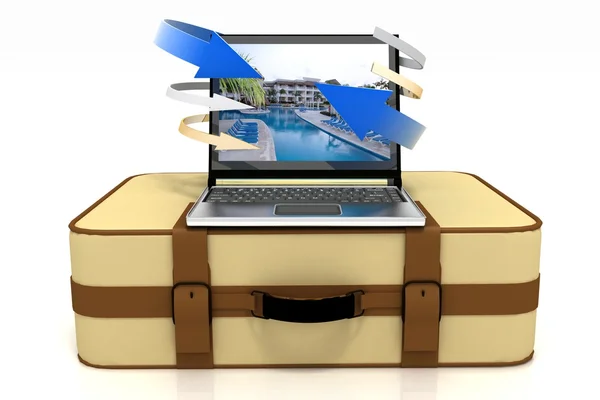 Konzeption der Wahl des Ortes für die Erholung. Koffer und Laptop — Stockfoto
