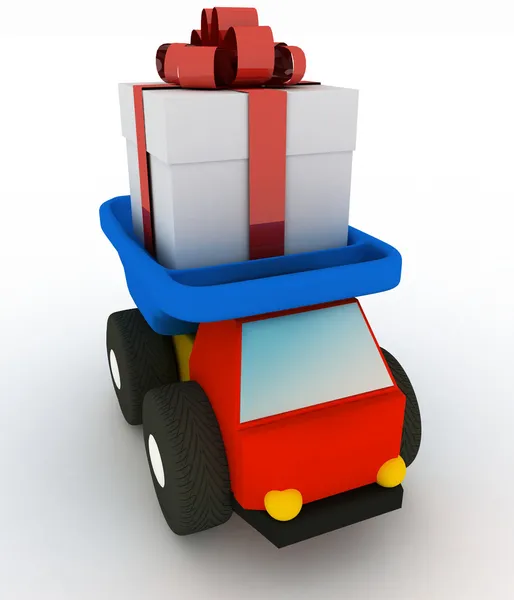 Toy truck drives a gift — Stock Photo, Image