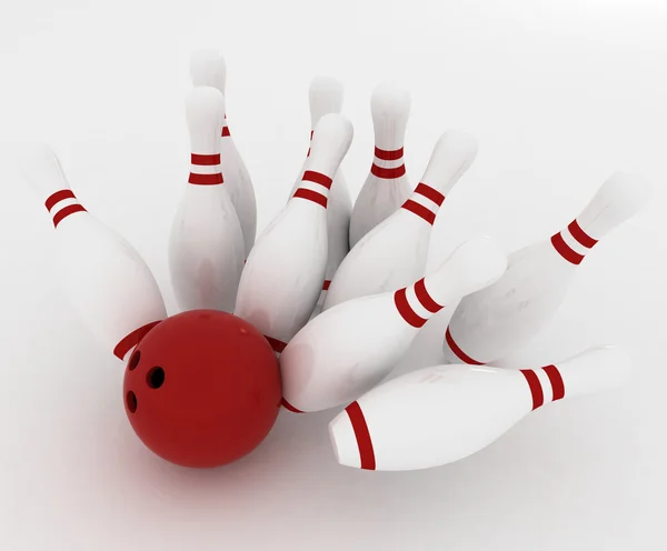 Bowling bollen kraschar in i stiften — Stockfoto