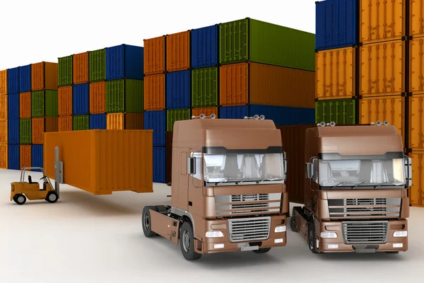 Loading of containers on big  trucks in storage outdoors — Stock Photo, Image