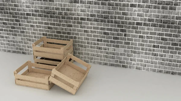 Boîtes en bois sur fond de mur de briques — Photo