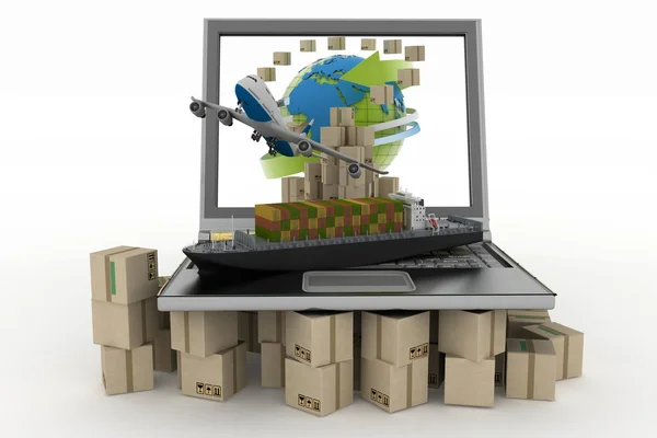 Cardboard boxes around globe on laptop screen, cargo ship and plane — Stock Photo, Image