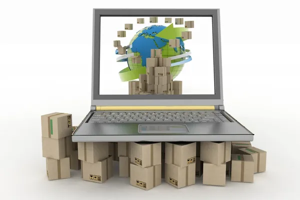 Cardboard boxes around the globe on a laptop screen — Stock Photo, Image