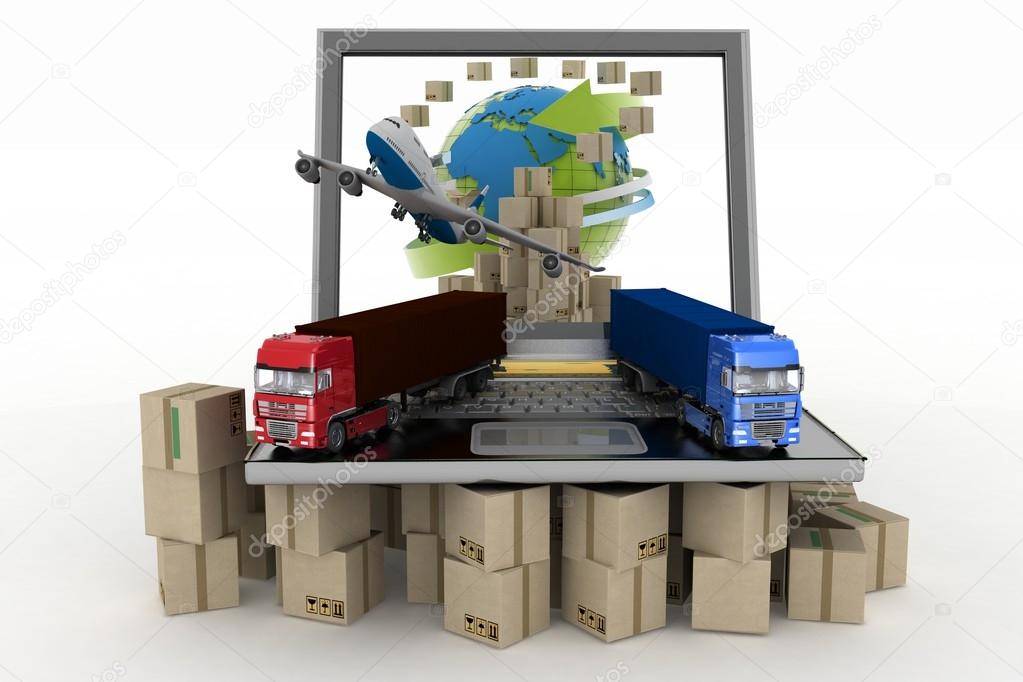 Cardboard boxes around globe on laptop screen, plane and two trucks