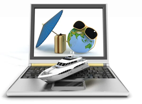 Jacht mit Koffer, Globus und Regenschirm auf Laptop-Bildschirm. Reise- und Urlaubskonzept — Stockfoto