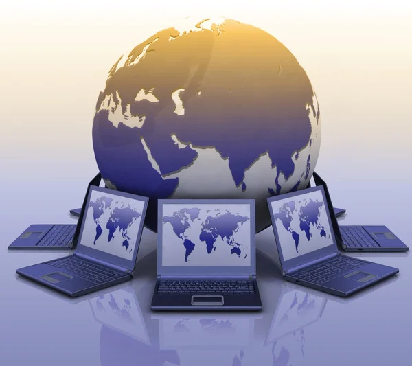 3d laptops around a globe — Stock Photo, Image