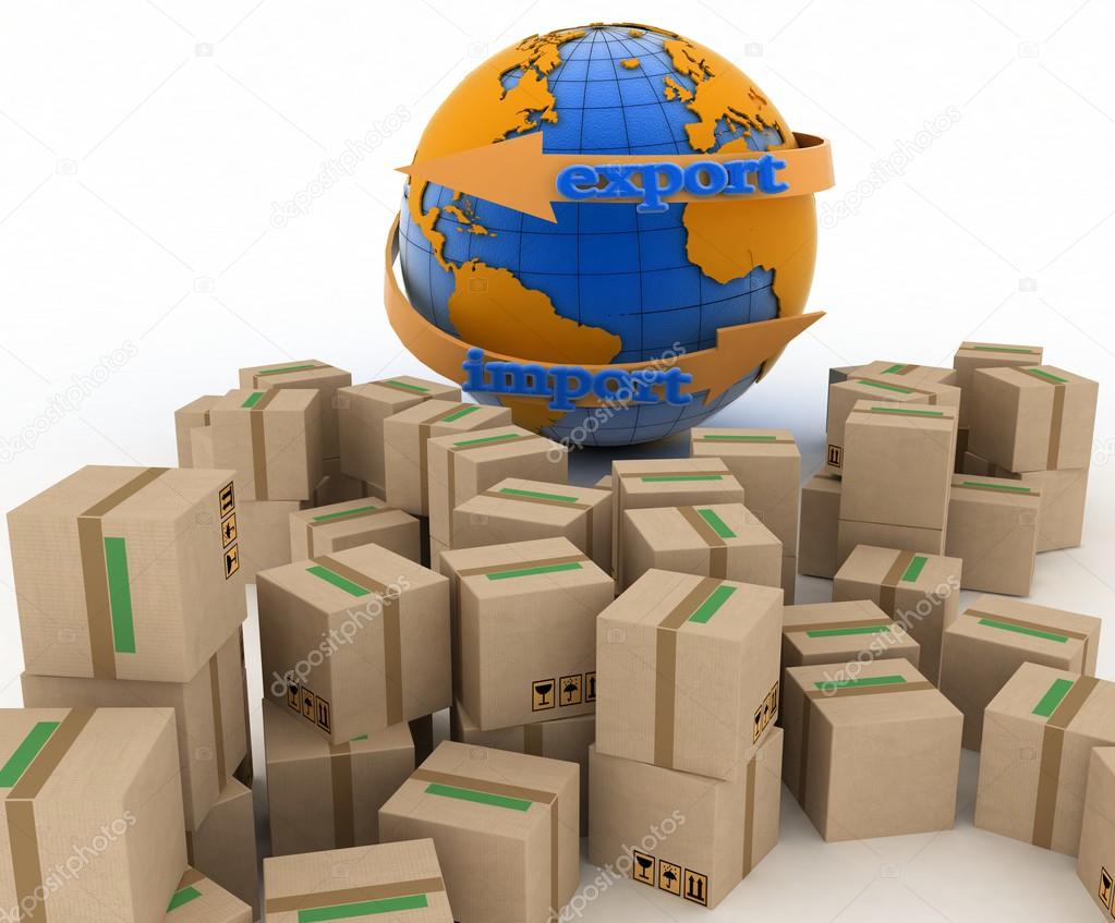 Import and export arrow around earth for business. Concept of buying goods worldwide.