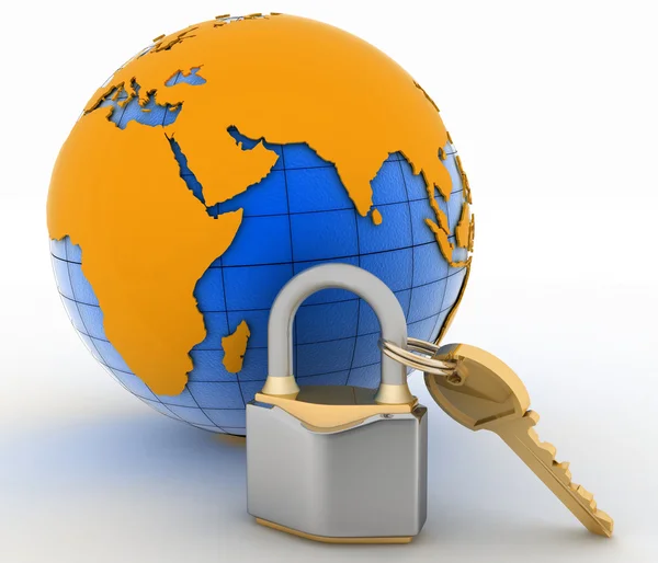 Lock with key and globe on white background — Stock Photo, Image