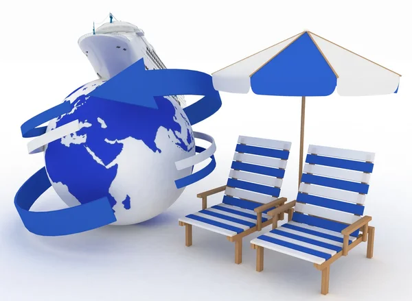 Concept of sea cruise. Passenger ship and  furniture for beach — Stock Photo, Image