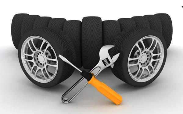 Räder und Werkzeuge. Autoservice — Stockfoto