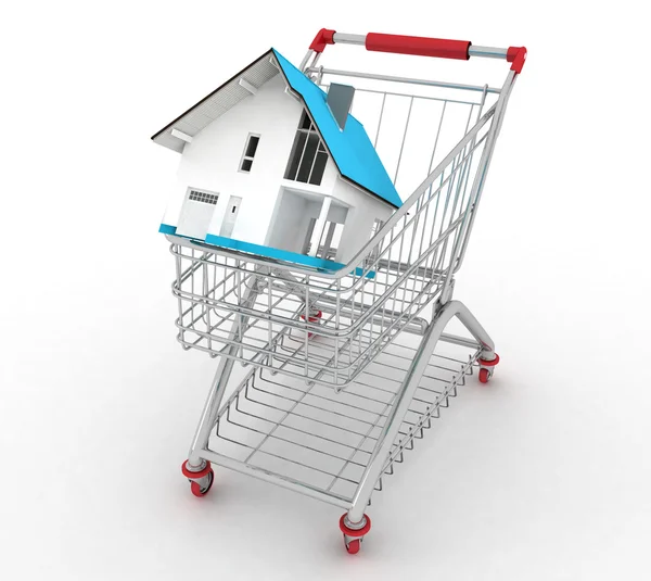 3d casa model într-un coș de cumpărături — Fotografie, imagine de stoc