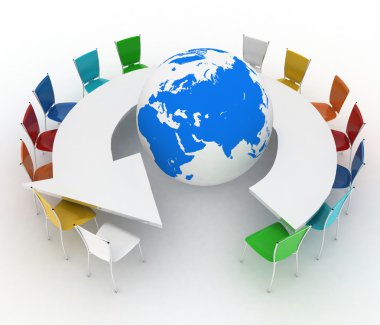 konferans masası küre ile bir ok gibi. küresel politika, diplomasi, çevre, dünya liderlik kavramı