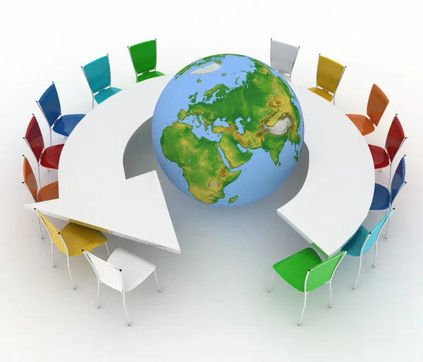 Conference table as an arrow with globe. Concept of global politics, diplomacy, environment, world leadership — Stock Photo, Image