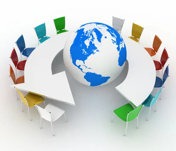 Conference table as an arrow with globe. Concept of global politics, diplomacy, environment, world leadership — Stock Photo, Image