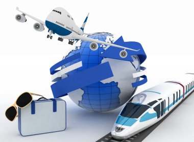 3d bavul, uçak, tren ve küre. seyahat ve tatil kavramı