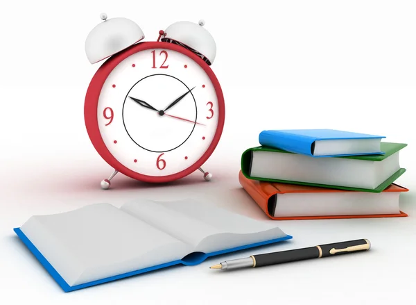 Alarm clock near stack of books on a white background — Stock Photo, Image