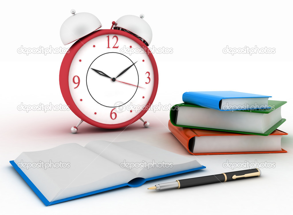 Alarm clock near stack of books on a white background