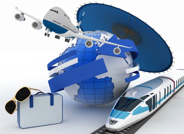 3d чемодан, самолет, поезд, глобус и зонтик. Концепция путешествия и отдыха
.