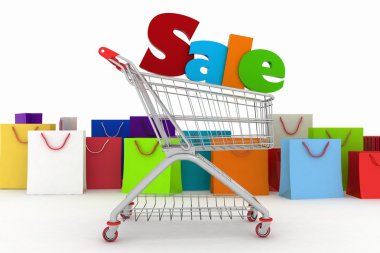 3D render alışveriş sepeti ve metin