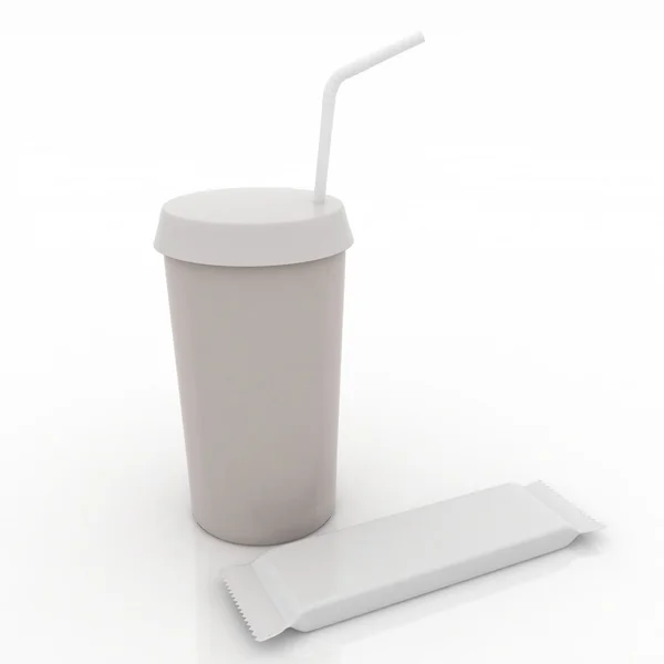 Białe plastikowe fast foody okulary z kanalików i chocs na białym tle — Zdjęcie stockowe