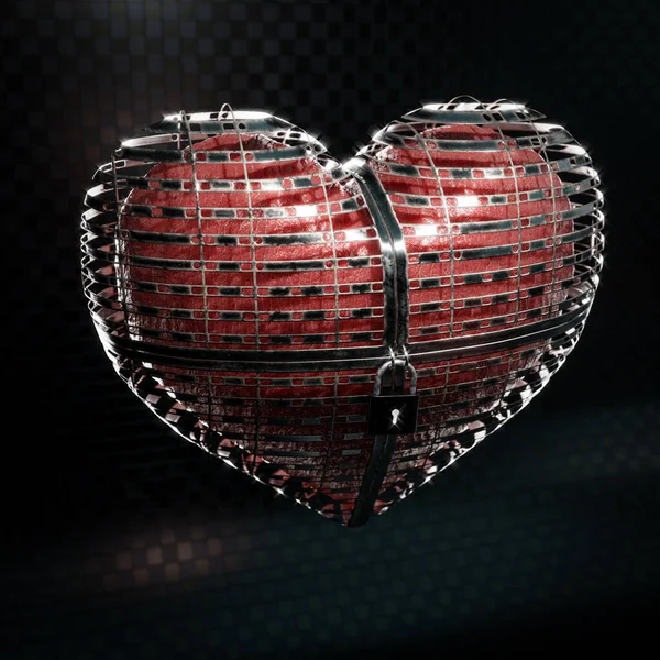 Corazón Carnoso Rojo Capturado Jaula Metal Forma Corazón Sobre Fondo — Foto de Stock