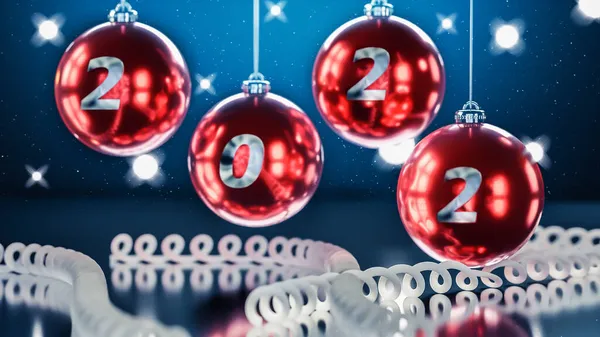 Nahaufnahme Weihnachtskugeln Mit Zahlen 2022 Schwarzer Bokeh Hintergrund Mit Leuchtenden — Stockfoto
