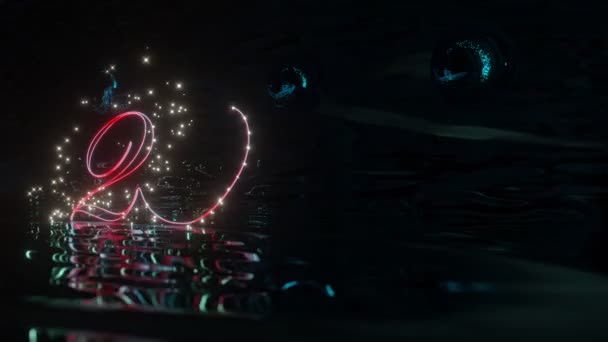Närbild Röd Neon Animerad Ljus Spår Nummer 2022 Med Reflektion — Stockvideo