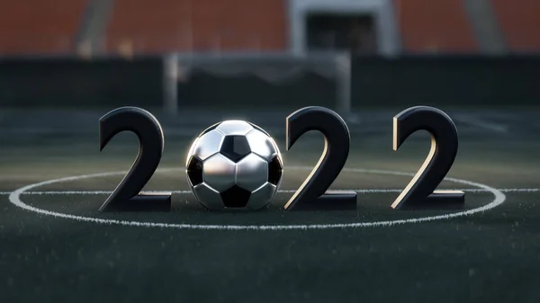 Vista Perto Número 2022 Texto Preto Bolas Futebol Campo Futebol Imagem De Stock