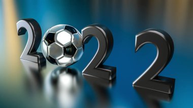 2022 sayısının yakın görüntüsü. Mavi yansıtıcı zeminde siyah metin ve futbol topları. Yeni yıl tabelası. Spor konsepti. Mutlu yıllar 2022. 3B görüntüleme.