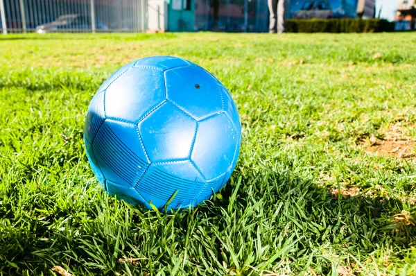 Blue soccer ball on green field — Stock Photo, Image