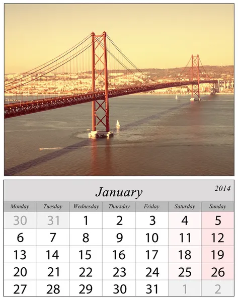 一月 2014年的日历。里斯本葡萄牙. — 图库照片